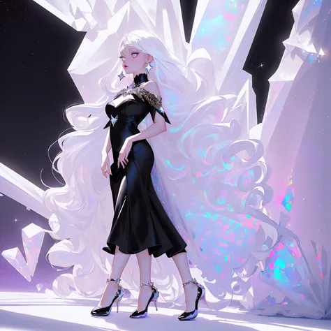 {-erro_de_anatomia:1.0} masterpiece, highest quality, (perfect face:1.1, (high detail)1.1, sweet stardust vampire , long soft white hair, opal eyes, perfectly drawn face, black dress, white background, prismatic lighting, glitter, whole body, cristal shoes...