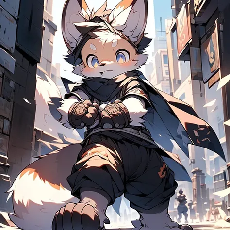 boy，Fennec fox ，Black pupils，Dwarf，Wearing a black scarf，Wear sports gloves，Wear white short sleeves and black shortarefoot，whole body，young，cuanding，Head slightly sideways，city background，Armed