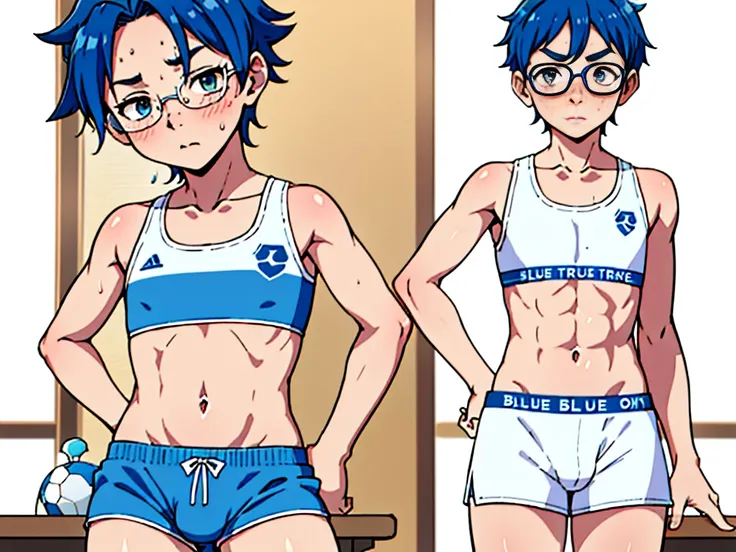 boy, trap, otoko no ko, androgynous, 12 years old, (((White sports bra and blue boxer shorts))), Wet with sweat, look at viewer, muscle arms, pervert, petite, flat chest, blushing, glasses, desktop wallpaper, highly detailed, freckles, small hips, , penis,...