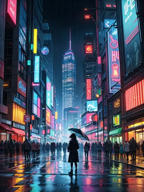 The prompt: detailed city streets, bustling crowd, historic architecture, vivid colors, dramatic lighting, rainy weather, reflective surfaces, urban nightlife, futuristic vibe, neon lights, towering skyscrapers. (best quality, 4k, highres, HDR, ultra-detai...