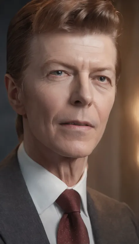 Detailed image of happiness, David Bowie smiled with his eyes open ，The look of a big guy in a suit and tie, 8K definition, Photorealistic rendering, Rich colors, using Cinema 4D.