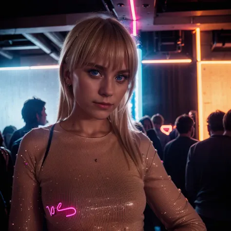 There a jung blonde german girl at a party, in the club, overthere are many neon lights, and many people dancing around her, cinematic, movielook, POV, Sony Alpha 7R4, 50mm, ((high quality)), ((best quality)), ((realistic)), volumetric fog