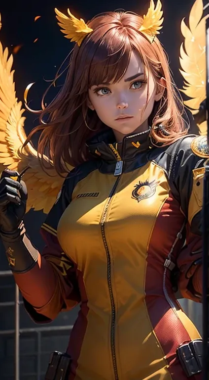 (upper body:1.3), 1 girl,Phoenix Guardian, Golden Phoenix Badge Fire Resistant Suit, Fire cage with obsidian strips, A phoenix nest with glittering golden feathers, Claw gloves for handling phoenix, Feed the fiery rubies of the phoenix,