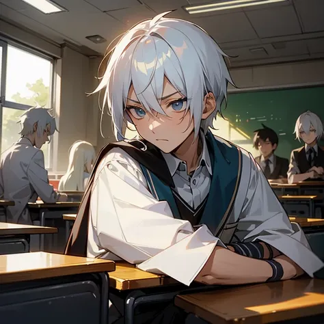 Create an anime scene featuring a teenage boy with striking white hair seated in a bustling classroom surrounded by students. Capture the atmosphere with the boy displaying a bored expression, emphasizing the contrast with the lively classroom setting.