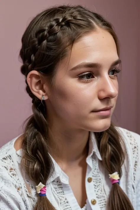 a 20 year old boy, soft face, long eyelashes, long hair in french braid, realistic, high definition,half body