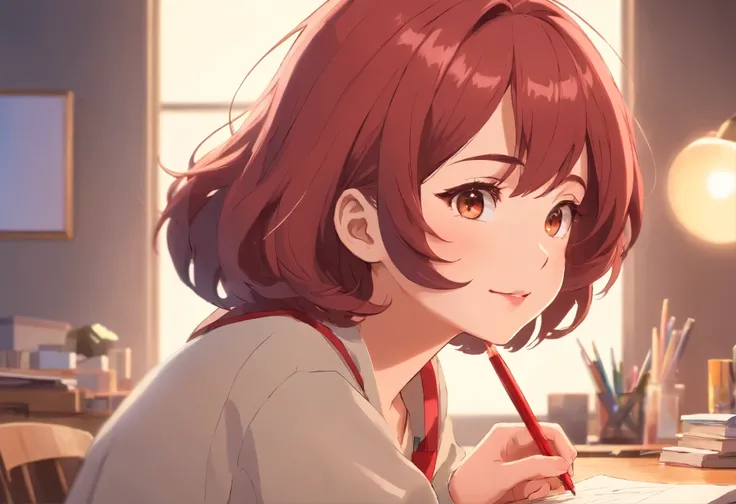 Girl:
- Hair: Short, curly.
- Serious smile.
- Eyes: Brown.
- Lips: Red lipstick.
- Accessory: Star clip on hair.
- Skin: Rosy.
- Feature: Cute, 4K (high quality).
- Activity: Concentrating, studying on the desk.