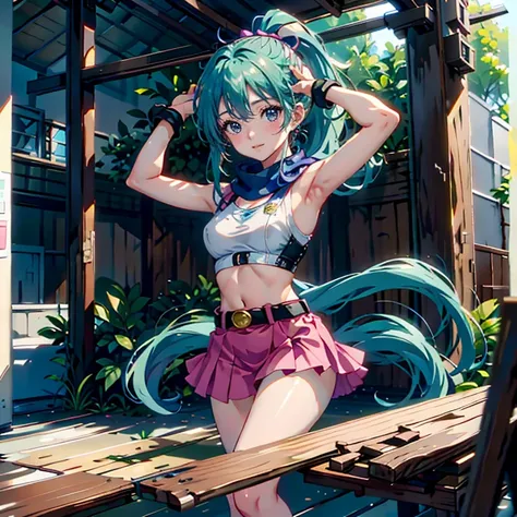 masterpiece, best quality, highres, dragon ball, blmpony, aqua hair, hair ribbon, braided ponytail, pink shirt, belt, scarf, pink skirt, clothes writing, brown gloves, medium breasts, outdoors, cowboy shot, waving, smile