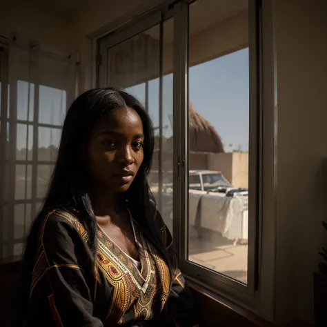 One jung african girl looks out the window, she has long black hair, africa, atmospharic sight, cinematic lights, movielook, ((high quality)), ((best quality)), ((realistic)),