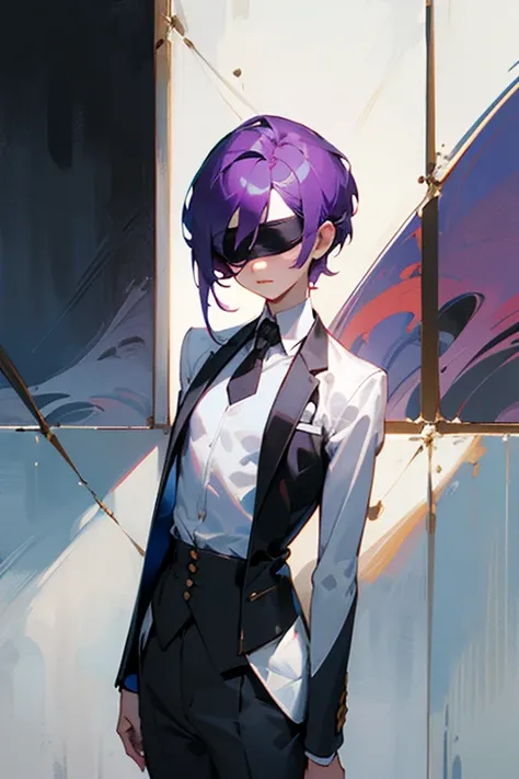 ((best quality)), ((masterpiece)), (detailed), perfect face
An average height, androgynous person wearing a suit. They have purple hair that is cut at shoulder length. They wear a black blindfold that completely conceals their eyes. They have a flat chest ...