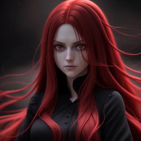 Long Red hair, Black dress.(a close-up of a person with Long Red hair,wearing a black dress,anime girl in dress, Red eyes,3d render character art 8k,Red -eyed, dark witch character),(best quality,4k,8k,highres,masterpiece:1.2),ultra-detailed,(realistic,pho...