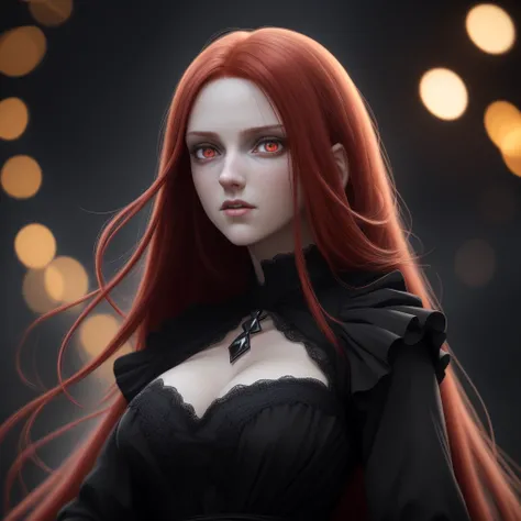 Long Red hair, Black dress.(a close-up of a person with Long Red hair,wearing a black dress,anime girl in dress, Red eyes,3d render character art 8k,Red-eyed, dark witch character),(best quality,4k,8k,highres,masterpiece:1.2),ultra-detailed,(realistic,phot...