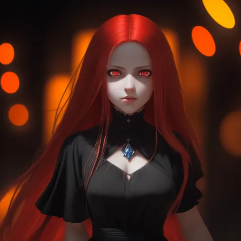 Long Red hair, Black dress.(a close-up of a person with Long Red hair,wearing a black dress,anime girl in dress, Red eyes,3d render character art 8k,Red-eyed, dark witch character),(best quality,4k,8k,highres,masterpiece:1.2),ultra-detailed,(realistic,phot...