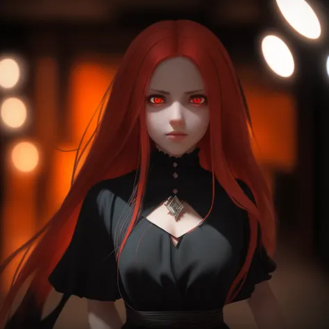 Long Red hair, Black dress.(a close-up of a person with Long Red hair,wearing a black dress,anime girl in dress, Red eyes,3d render character art 8k,Red-eyed, dark witch character),(best quality,4k,8k,highres,masterpiece:1.2),ultra-detailed,(realistic,phot...