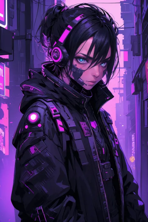 fotografia aproximada, Young confident cyberpunk superhero in black costume,Cyber Night City em segundo plano