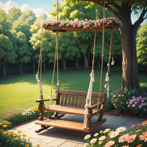 wooden swing，The swing has flowers  