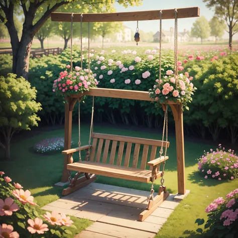 wooden swing，The swing has flowers  