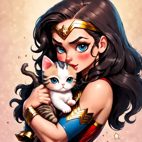 Wonderwoman with a kitten, in kawaii art style