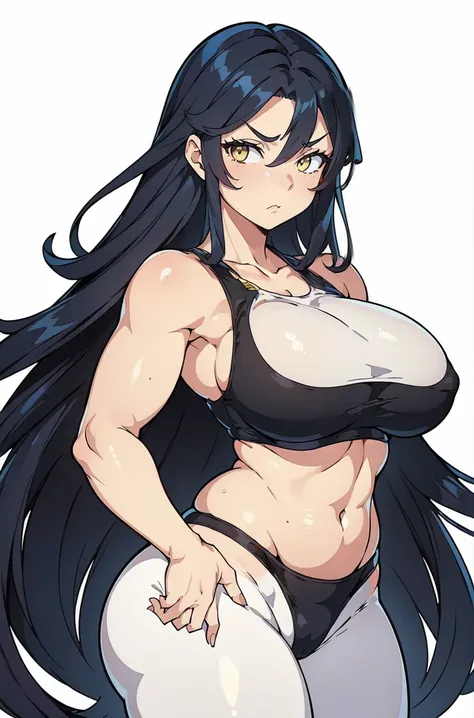 ((((musculoso 1 menina)))) (coxas grossas, seios enormes, wide, curvy hips) very long hair angry black hair yellow eyes pale skin cowboy shot tank top leggings