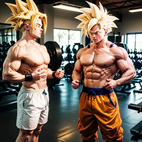 (eine detaillierte zeichnung von son goku, bodybuilding gym.), shirtless, barefoot