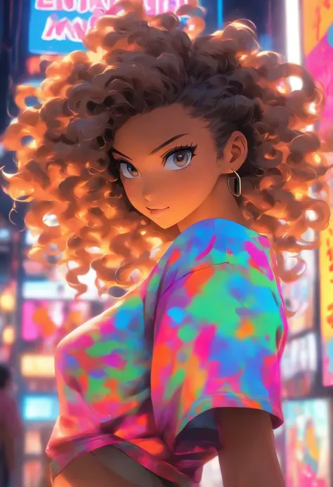 A beautiful mixed anime girl with long curly mixed girl hair, wearing a tiny t shirt with her big saggy boobs, wearing waist high booty shorts, posing under a neon sign, ultra realistic with curvy features and stretch marks and body imperfections on her 