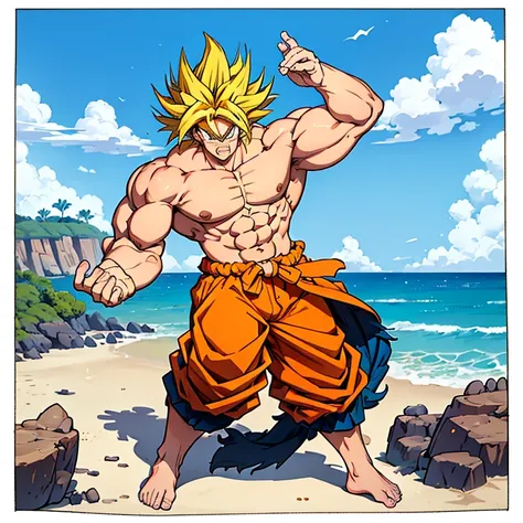 (eine detaillierte zeichnung von son goku, bodybuilding gym on the beach.), shirtless, barefoot