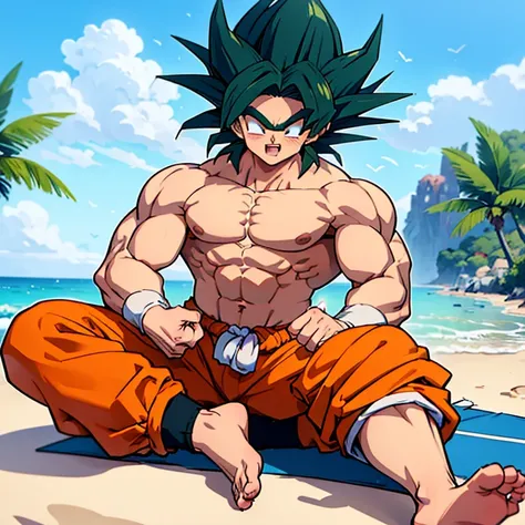 (eine detaillierte zeichnung von son goku, bodybuilding gym on the beach.), shirtless, barefoot