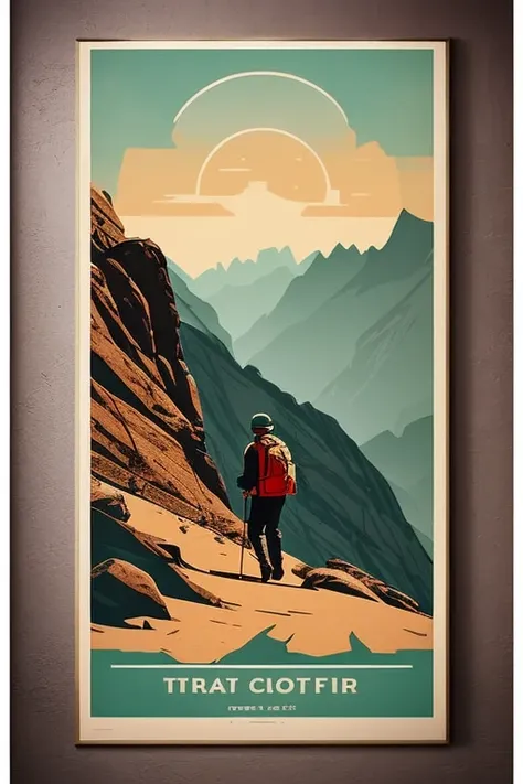 simple colors, vintage poster of a hiker walking down a mountain trail, retro