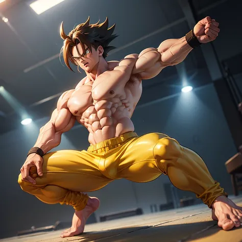 (Eine detaillierte Zeichnung von Son Goku, bodybuilding gym.), shirtless, huge muscle Body, Big Bizeps, Big shoulders, muscukar legs,abs, barefoot, mma, boxing