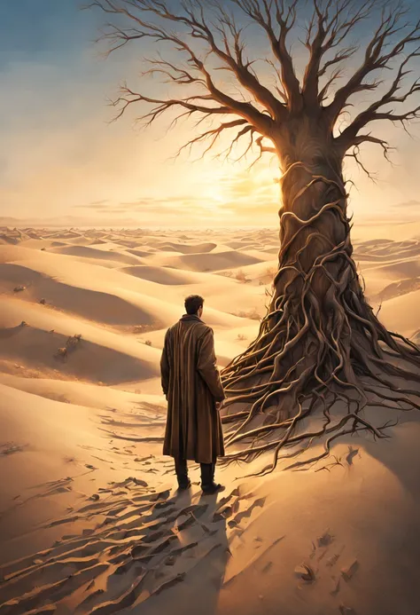 a man that is standing in the sand, inspired by tomasz alen kopera, memory trapped in eternal time, pulling strings, the album is called tripmachine, dead tree, UHD, 32K