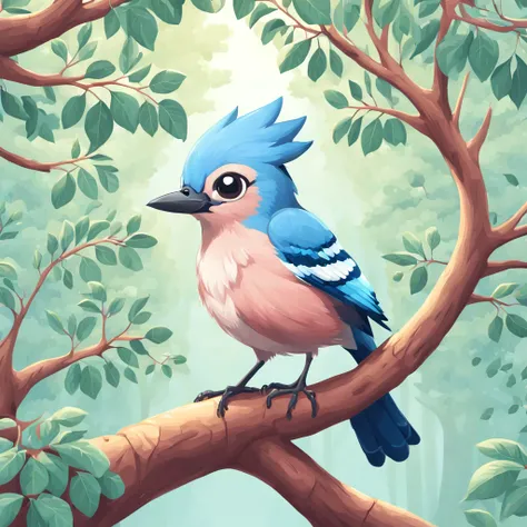 Jay in a tree, in kawaii art style