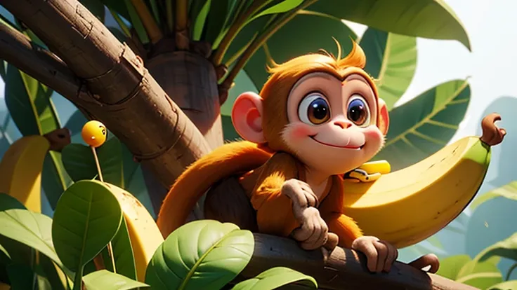 *Banana Quest:* monkey called Mimi climbing towards the banana in his front in the jungle with animated signs of anticipation and eagerness.
