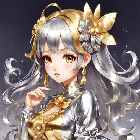 bishoujo wearing golden and silver, in kawaii art style