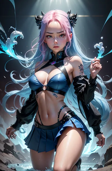 Masterpiece, top quality, pink hair, blue lightning, realistic, realistic details, details. Blue clothes. Blue thunder. Blue crystal. Airborne particles. Blue smoke. Blue crystals around. Blue smoke wafting around. Kneeling. Warping the body. Warping the b...