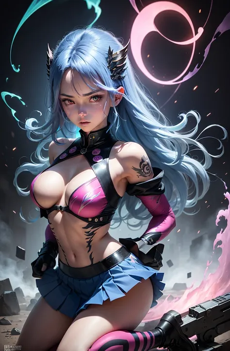 Masterpiece, top quality, pink hair, blue lightning, realistic, realistic details, details. Blue clothes. Blue thunder. Blue crystal. Airborne particles. Blue smoke. Blue crystals around. Blue smoke wafting around. Kneeling. Warping the body. Warping the b...