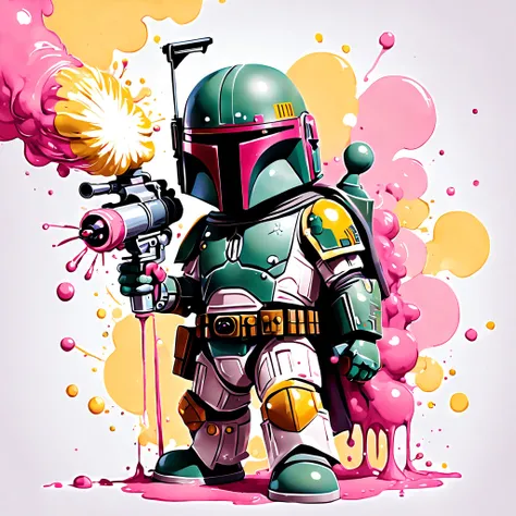 Boba Fett with a paint cannon , in kawaii art style