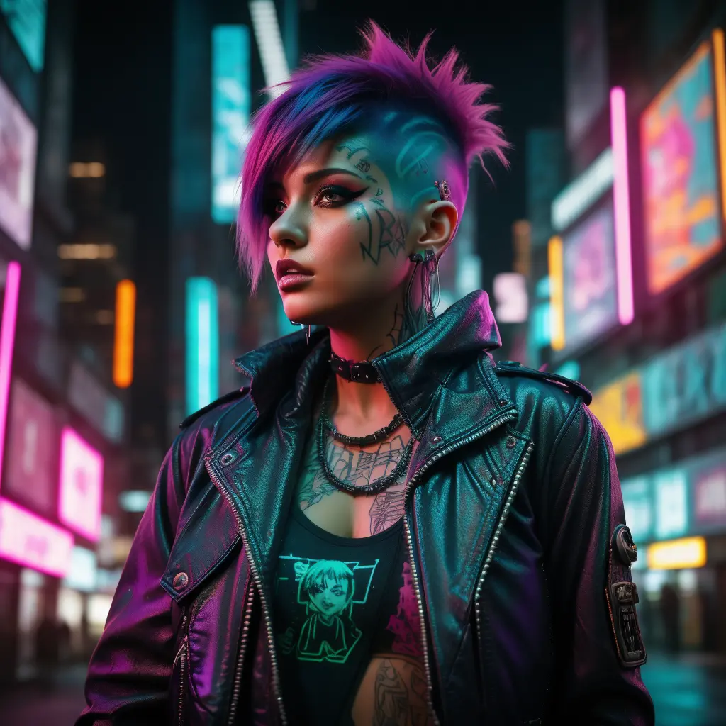 a photo of a female with a vibrant purple undercut hairstyle, contrasting against her pale complexion. she wears a combination o...