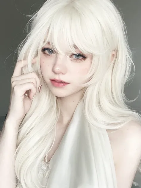 blond haired girl con pelo largo y blanco and a white dress, pelo largo y blanco y flequillo, pale porcelain white skin, con el pelo largo y blanco, cabello blanco y hermoso, con pelo largo y blanco, obra de arte al estilo de guweiz, retrato realista kawai...