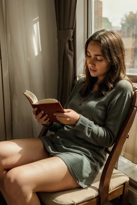 middle aged man, conventional clothes, sitting in a chair reading to a young woman lying in bed, cozy atmosphere, natural light coming from a window with transparent curtains, classic, realistic, cool decoration, masterpiece