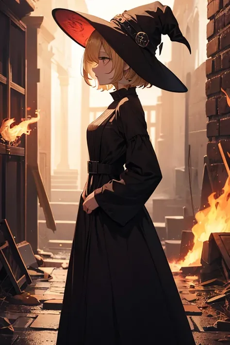 girl, short hair, dark magic, magic, witch, wizzard, blond hair, long dress, dark fire, spirits, psycho, terror