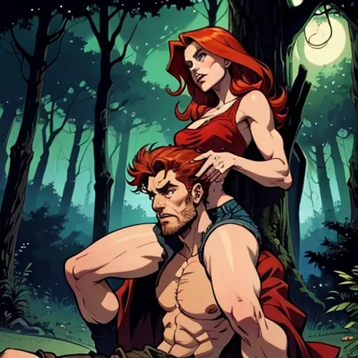 Two people in a forest at night. A "leggy redhaired woman in short shorts" is "woman on top" woman on deadmans shoulders" "sitting on his shoulders""man got scared expression" "he drolls" ""sitting onto shoulders". the mans back is against a tree.
