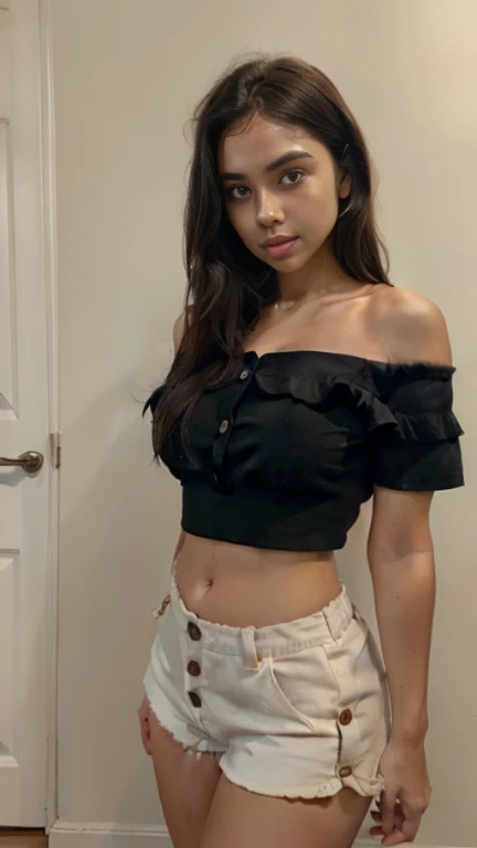 girl of smaller or less developed breasts of cinnamon complexion, straight black hair, Ruffled Crop Tops, High-Waisted Shorts with button, rectangular body, wide shoulders, round face, thick lips, long lips, fat belly, round belly, Daily life,