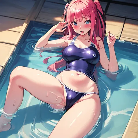 {best quality}, {very aesthetic}, {Super detailed}, {best illustration}, nsfw, navy blue swimsuit, Japan Student Swimsuit, pink hair