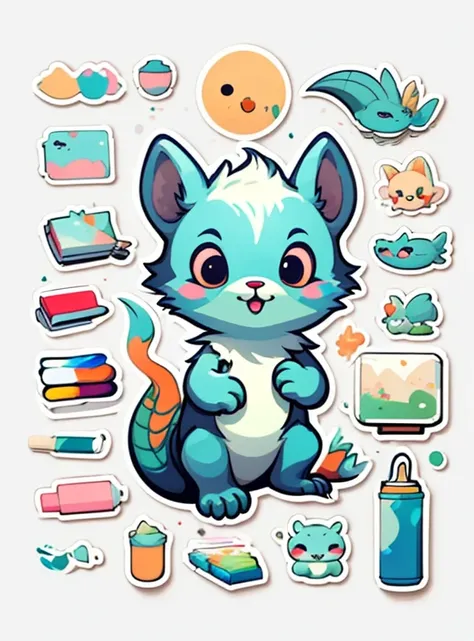 1 sticker, handbook, (sticker, 1 baby dragon, painter, artboard, paint plate), watercolor, white background,  background, minimal, cute, tiny, pastel color, vector style, no gradient