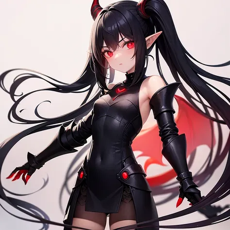 13 years old. Girl. Petite. Demon. Elbow wings. Red horns. Pointed ears. Black hair. White skin. Light red eyes. Black semi revealing armor. Black gauntlets