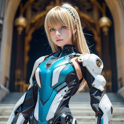 real , plain air, Girl on a motorcycle, Medium hair, blonde  hair, asymmetrical bangs, beautiful detailed Glass hair, blue eyes, tiny chest, mechanical suit, , Clear,  ornament detached、 Illumination scattered  body、 body suit