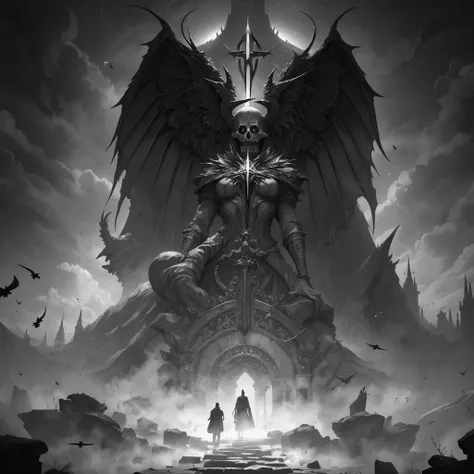 Umbrae Mortis (Latim): "Sombras da Morte." Evokes the sinister presence that precedes MACABRE events. Gray monochromatic color scale, backdrop clerical symbols, profane symbols, simbolismo morte, simbolismo religioso, demonic symbolism, Monochrome graphite...