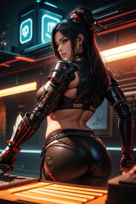 Showing ass to camera, Beautiful Alluring Cyberpunk Samurai, pele nua, Well-toned athletic body, forma elegante, cabelo laranja, pele nua, Fora no Neon Palace, mal vestido, Beautiful Face, Smaurai-inspired bikini armor, seios grandes, mechanical limbs, Rob...