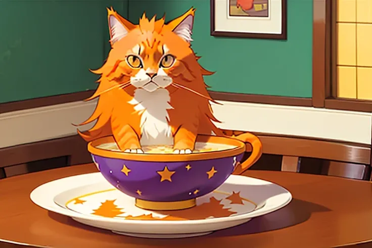 Longhaired orange cat wearing a purple pointy hat with stars on it. the cat is sitting in giant bowl of soup. it is the soup defender. the background is a dining room. it is drawn in the style of the Pokémon animated show.