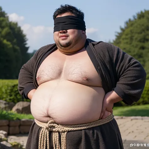 Fat 警察官 男の, Weight is over 100kg, You have a kind face, blindfolded and covering eyes, his jacket is open, tied up with a rope, interested in sexual desire, I&#39;m excited,;Fat, upper body visible, pot belly, Fat, short hair loincloth