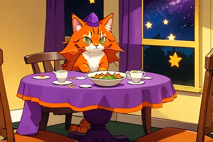 Longhaired orange cat wearing a purple pointy hat with stars on it. the cat is a psychic type Pokémon. it defends the soup. the background is a dining room. it is drawn in the style of the Pokémon animated show.